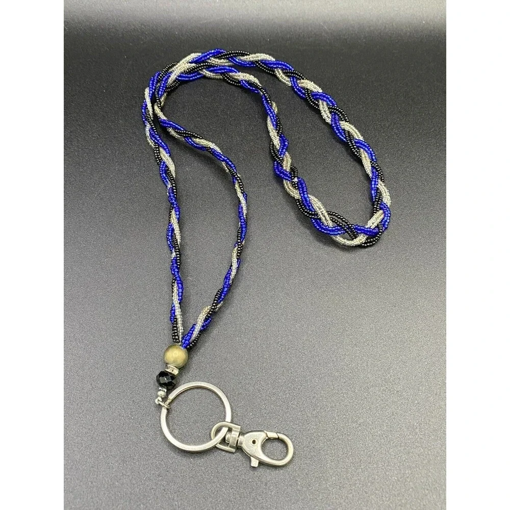 Blue Black and Clear Braided Glass Bead Lanyard